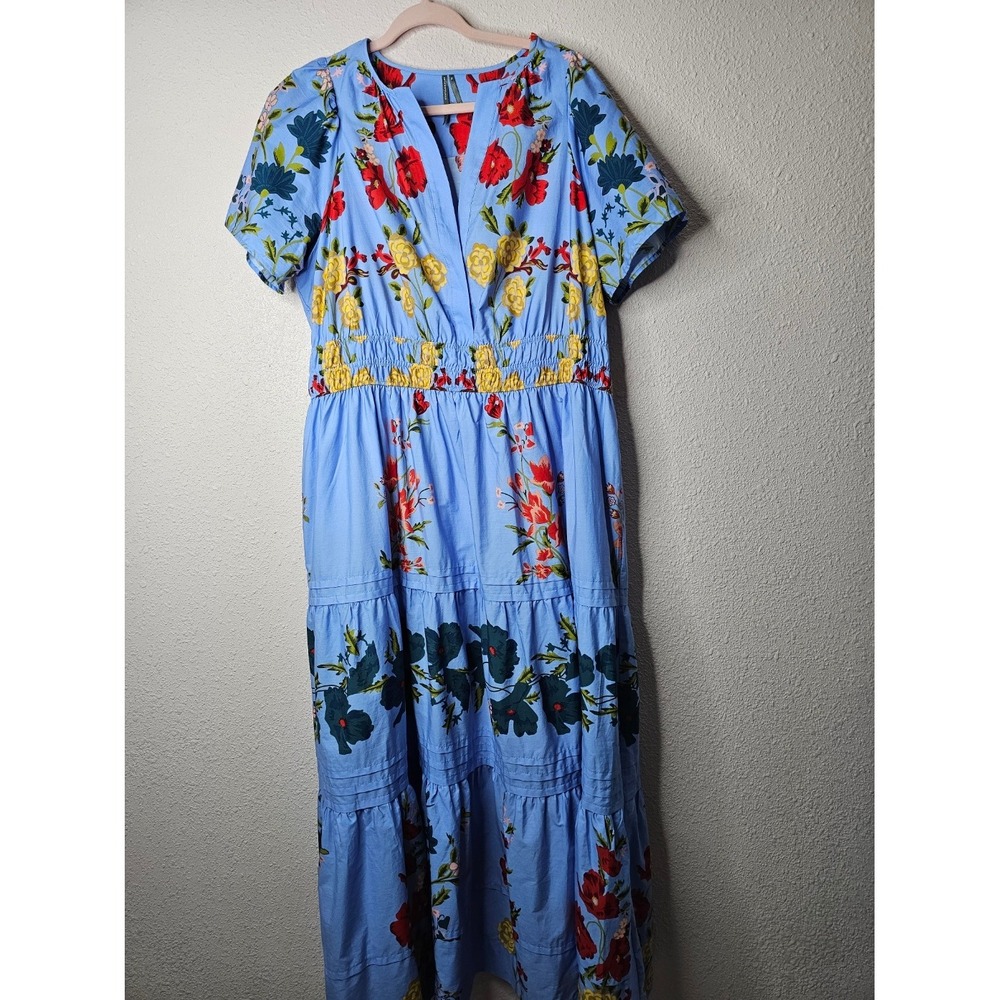 Anthropologie Floral Tiered Maxi Somerset Dress Smocked Waist Plus 1X Blue
